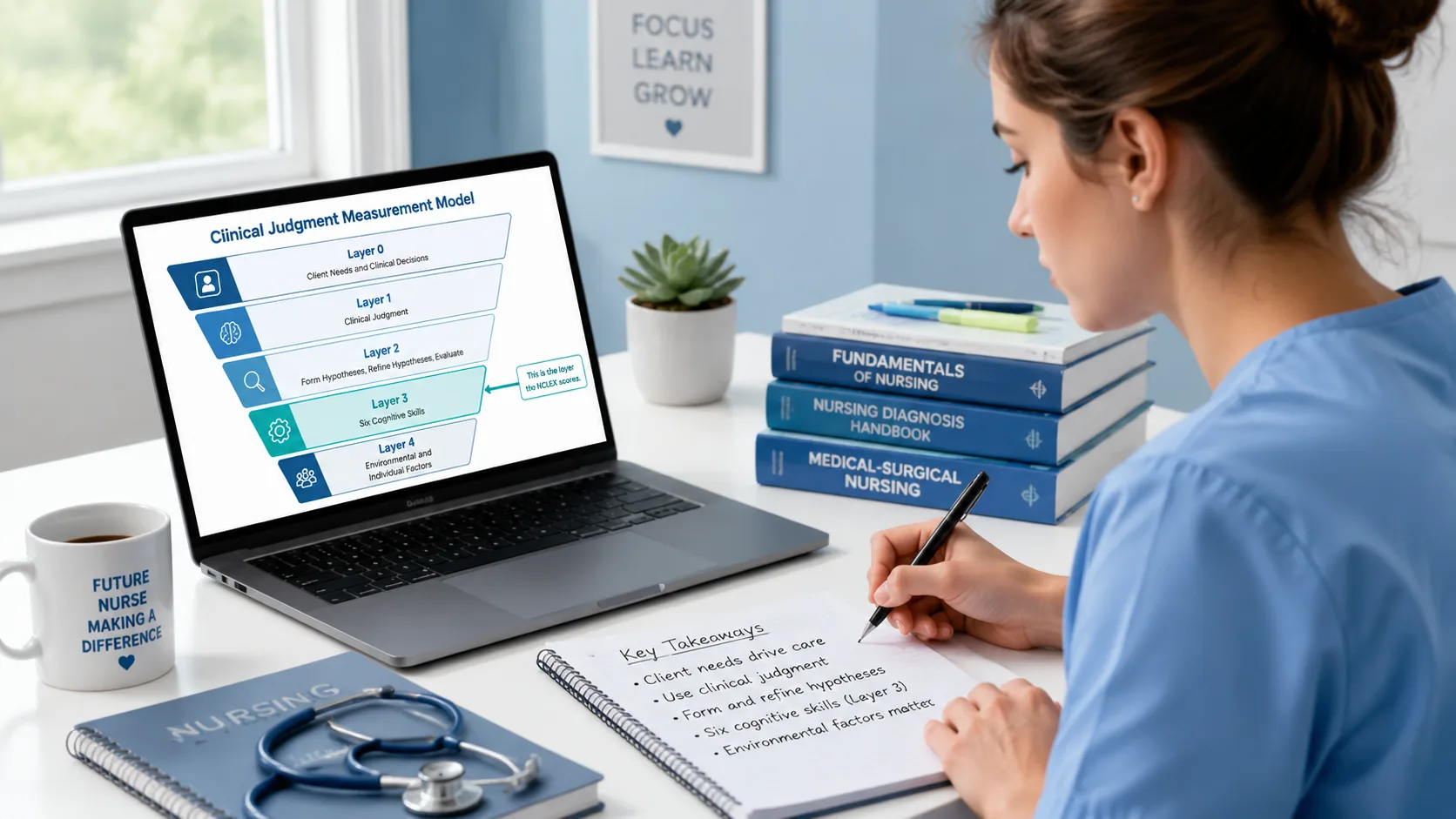 Nursing student studying a clinical judgment framework diagram on a laptop while taking notes