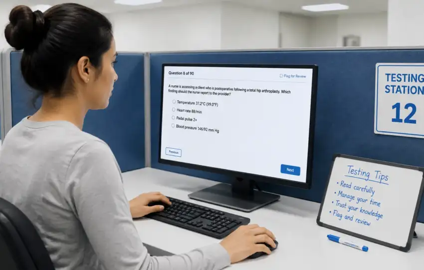 Nursing student working steadily through questions at a testing station during a computer adaptive exam