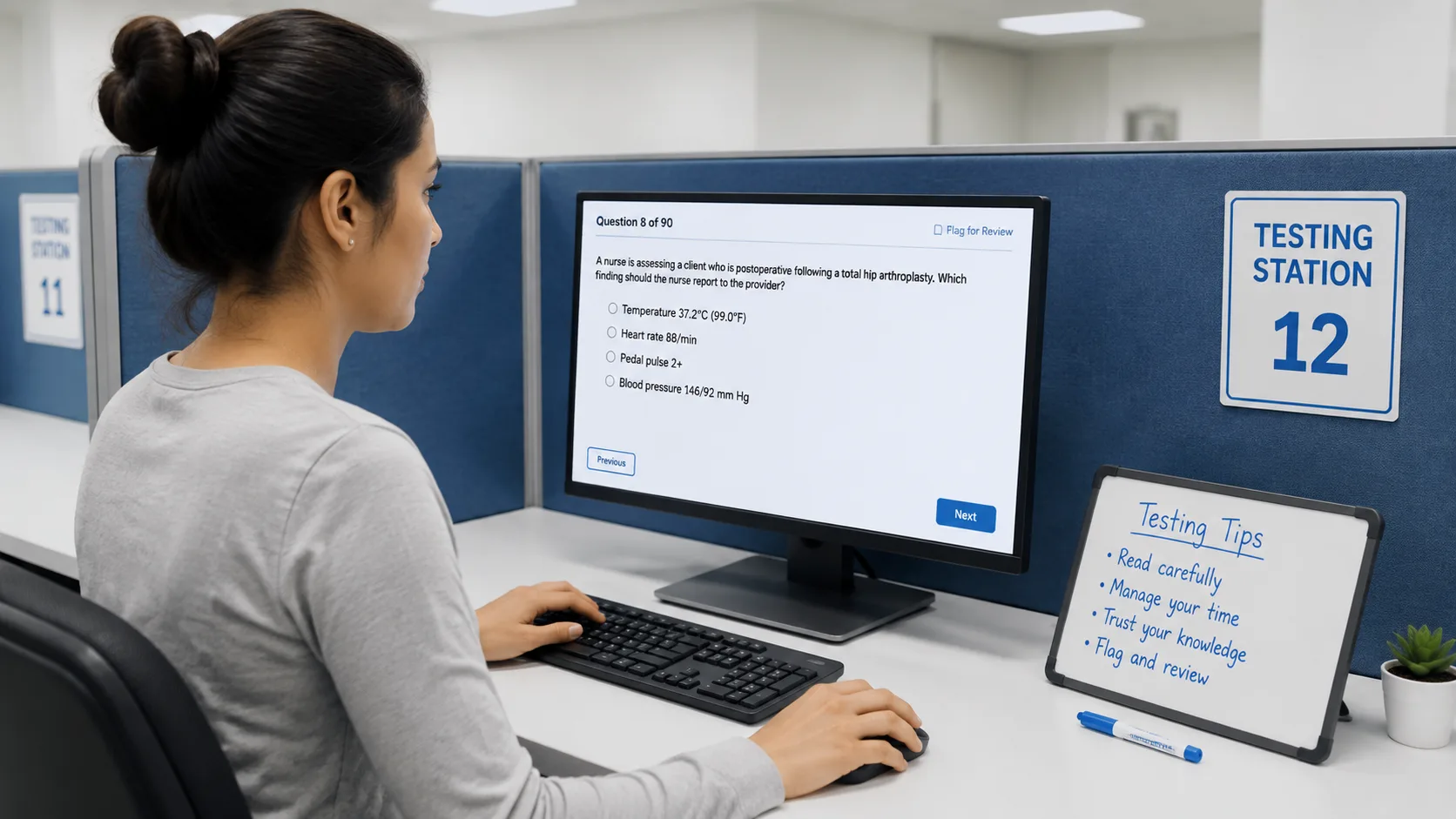 Nursing student working steadily through questions at a testing station during a computer adaptive exam
