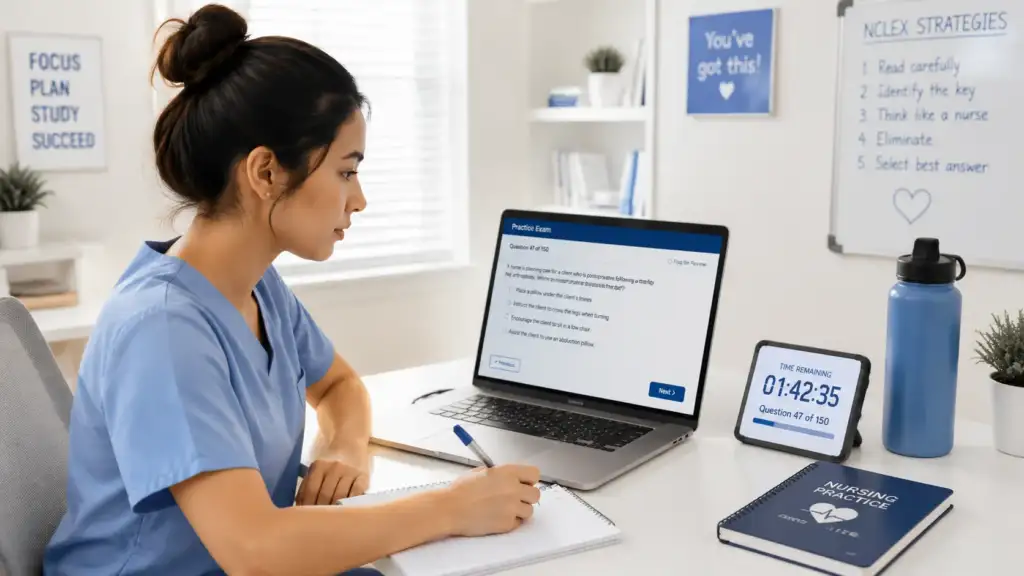 Nursing student completing a long timed practice session while preparing for the adaptive NCLEX exam