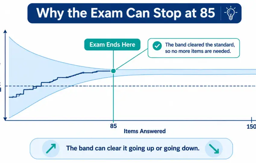 NCLEX 85 questions diagram showing the minimum and maximum exam length with the confidence band clearing the passing standard early