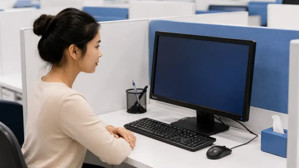 Nursing student sitting calmly at a testing station as the exam screen closes