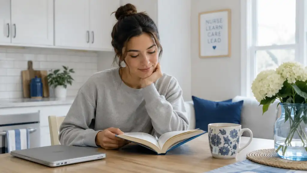 Recent nursing graduate calmly occupied at home while waiting for NCLEX results