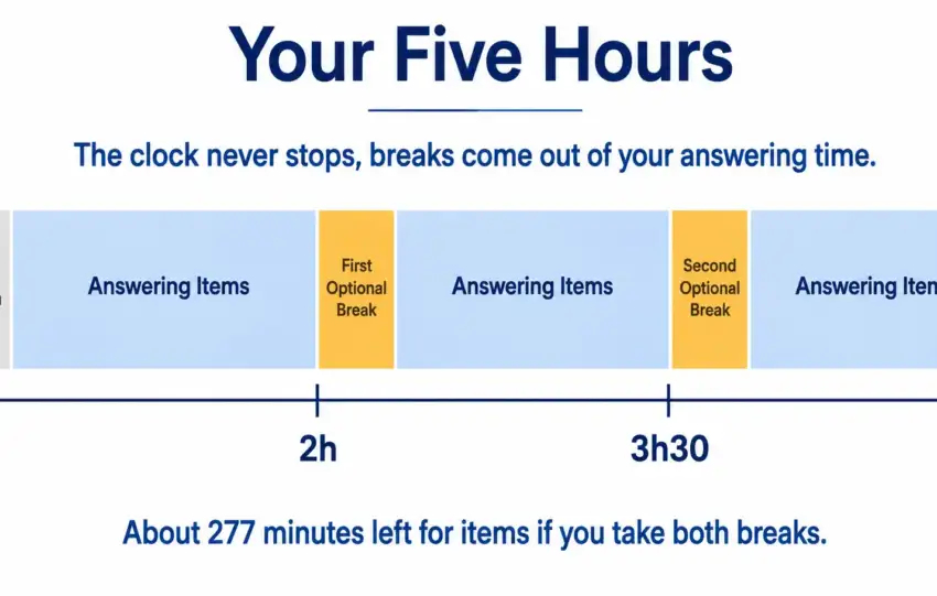 NCLEX time management diagram showing how the five hour appointment divides between the intro screen, breaks, and answering items