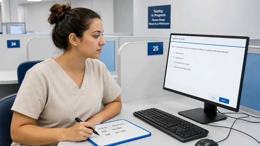 Nursing student checking the on-screen timer while working steadily through an exam at a testing station