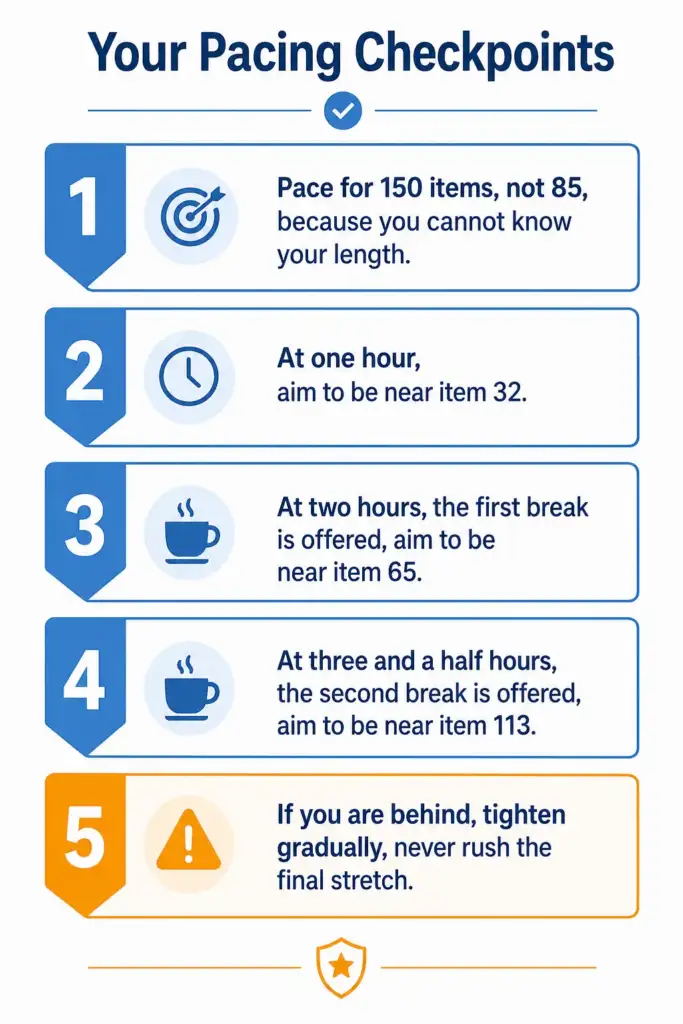 Five pacing checkpoints for the NCLEX showing target item counts at one hour, two hours, three and a half hours, and the end