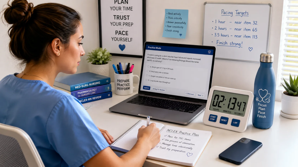 Nursing student running a full length timed practice session with a visible timer while preparing for the NCLEX