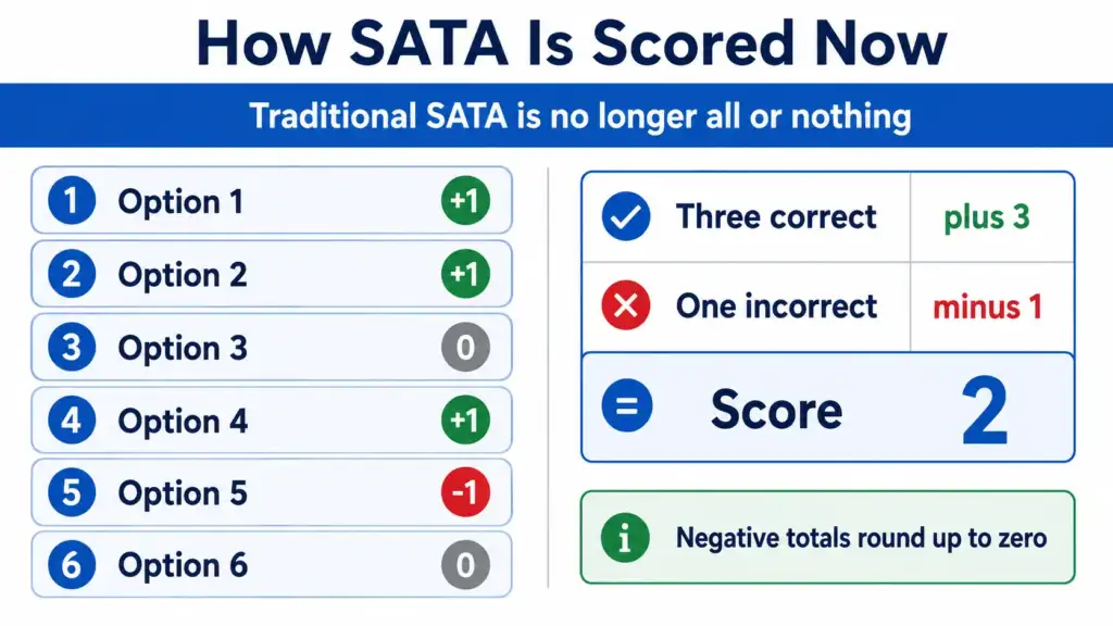 Diagram of SATA plus minus scoring showing correct selections adding points, incorrect selections subtracting, and negative totals rounding to zero
