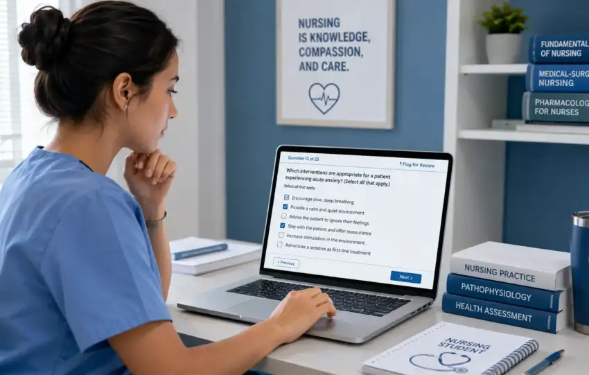 Nursing student pausing over a select all that apply question with several checkboxes on a laptop screen