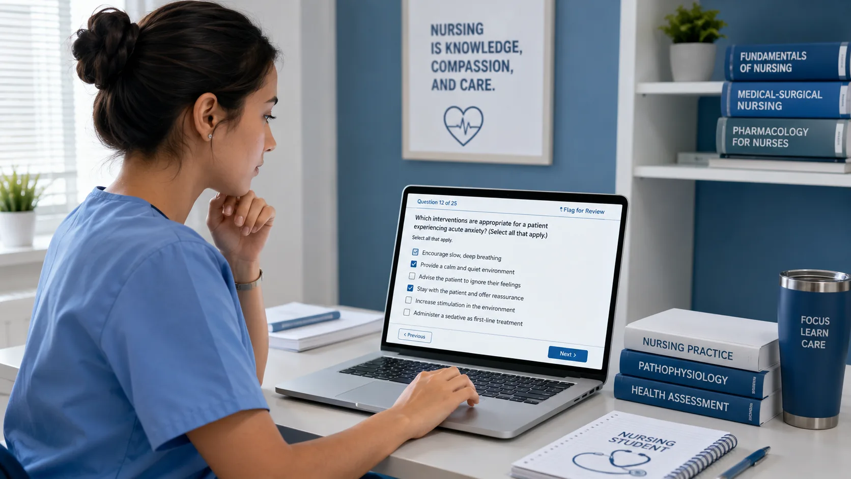 Nursing student pausing over a select all that apply question with several checkboxes on a laptop screen
