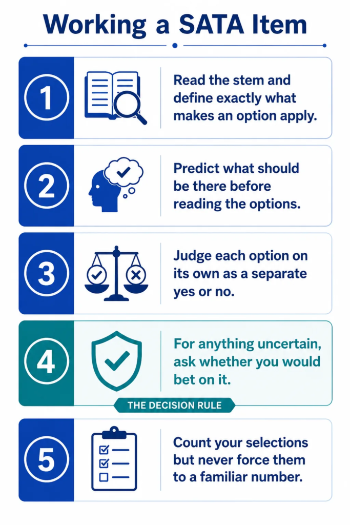 Five-step method for SATA questions: define what applies, predict before reading, judge each option separately, apply the fifty percent test, resist forcing a count