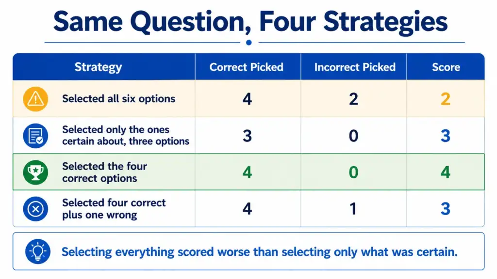 Worked SATA example comparing four answering strategies and the score each one earns on the same question