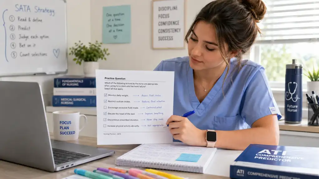 Nursing student writing a short justification beside each selected option while reviewing SATA practice questions