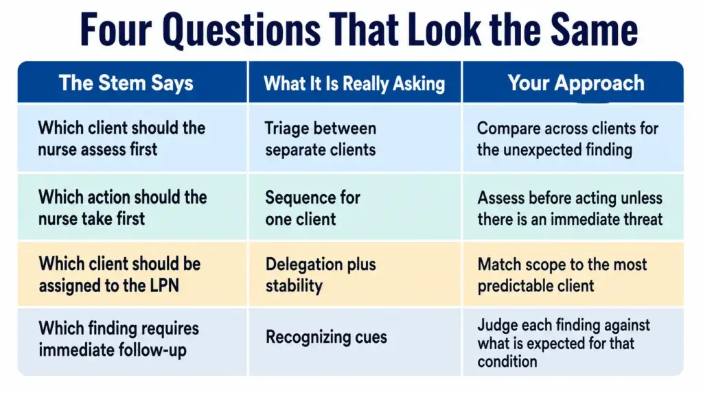 Comparison of four NCLEX priority question types showing what each one is actually asking the nurse to decide