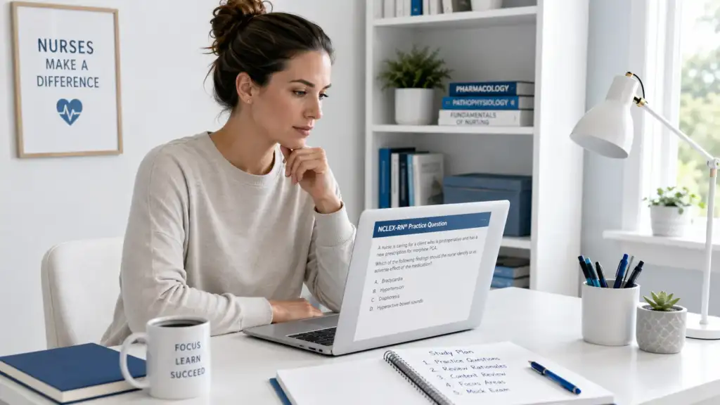 Experienced nurse working through a priority question on a laptop while preparing for the NCLEX