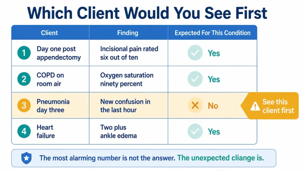 Worked example comparing four clients and showing why the one with a new unexpected finding is seen first