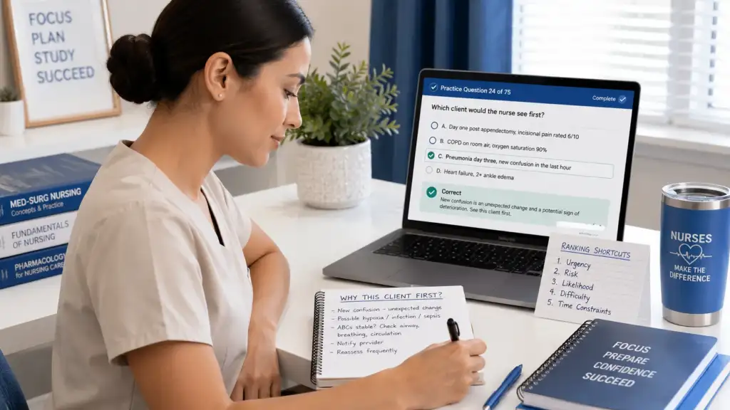 Experienced nurse writing reasoning notes beside priority practice questions during NCLEX review