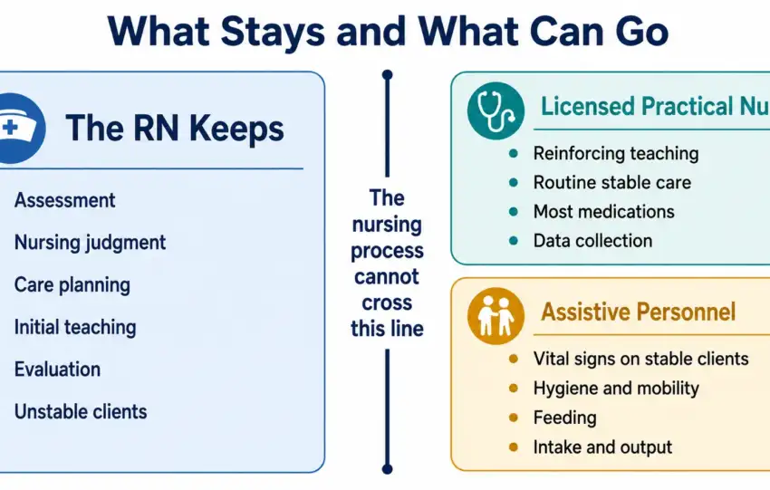 NCLEX delegation questions diagram showing what the RN keeps and what can be delegated to an LPN or assistive personnel