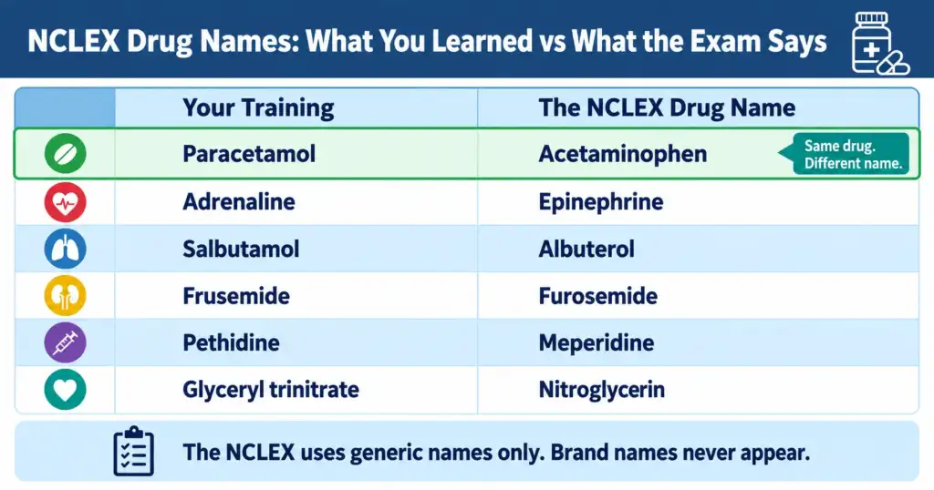 Comparison chart of international generic medication names and their United States equivalents on the NCLEX