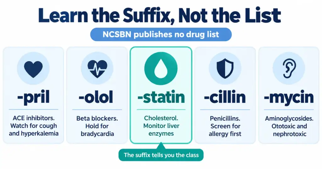 Chart of common medication suffixes on the NCLEX showing drug class and nursing priority for each ending