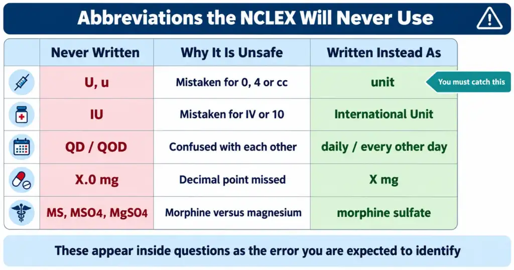 Table of Joint Commission do not use abbreviations and their safe written equivalents for NCLEX medication safety questions