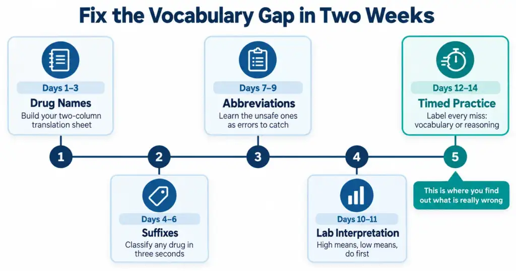 Two week study plan timeline for learning NCLEX drug names, abbreviations and lab value interpretation