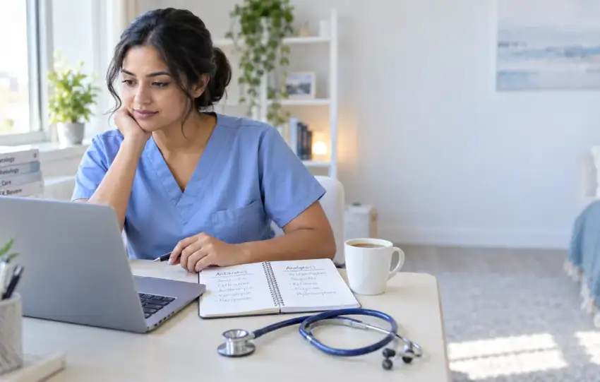 Internationally educated nurse studying NCLEX drug names and lab value units on a laptop in 2026