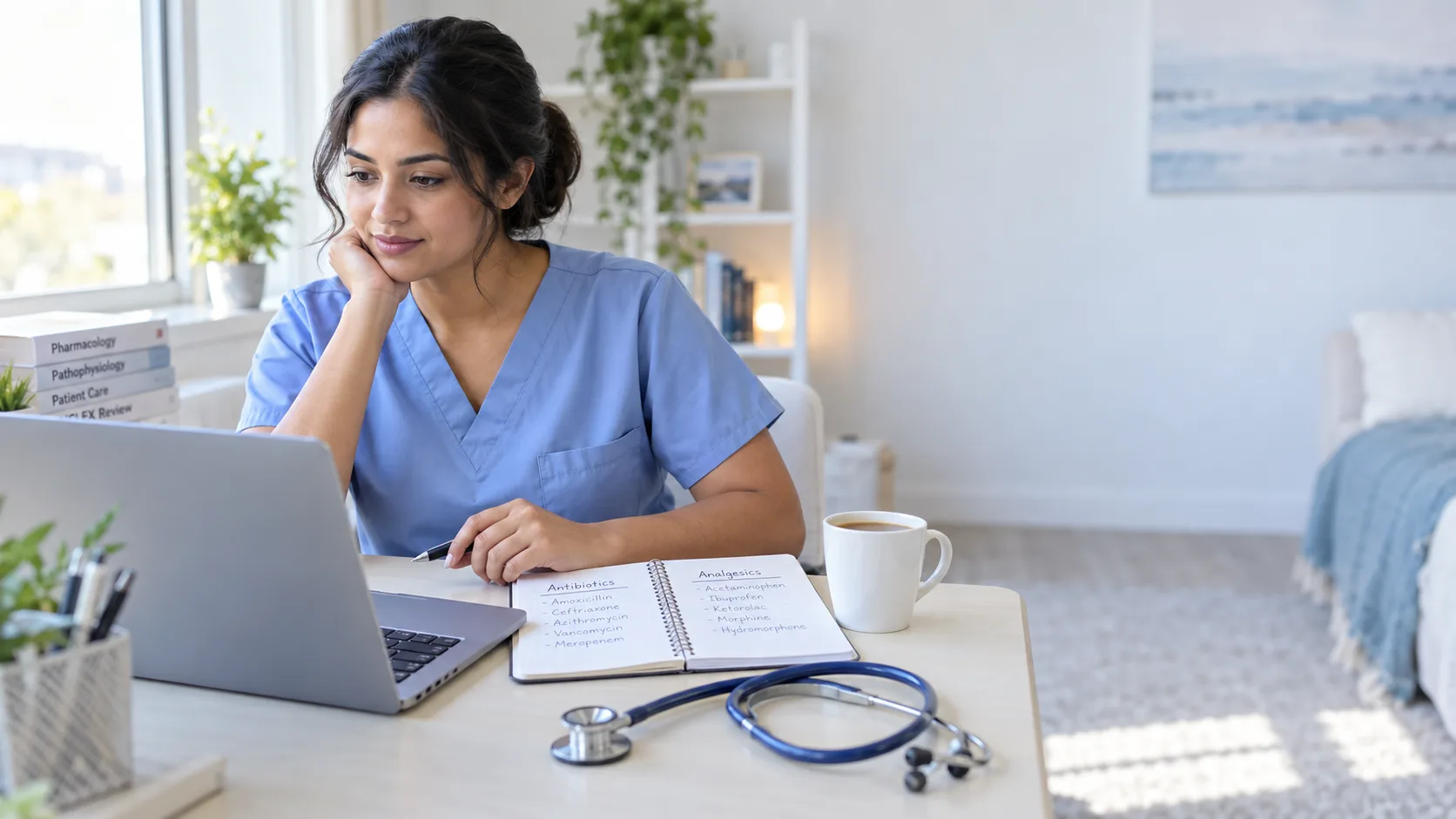 Internationally educated nurse studying NCLEX drug names and lab value units on a laptop in 2026