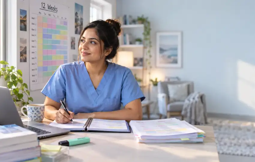 Internationally educated nurse following a 12-week NCLEX study plan at her desk in 2027