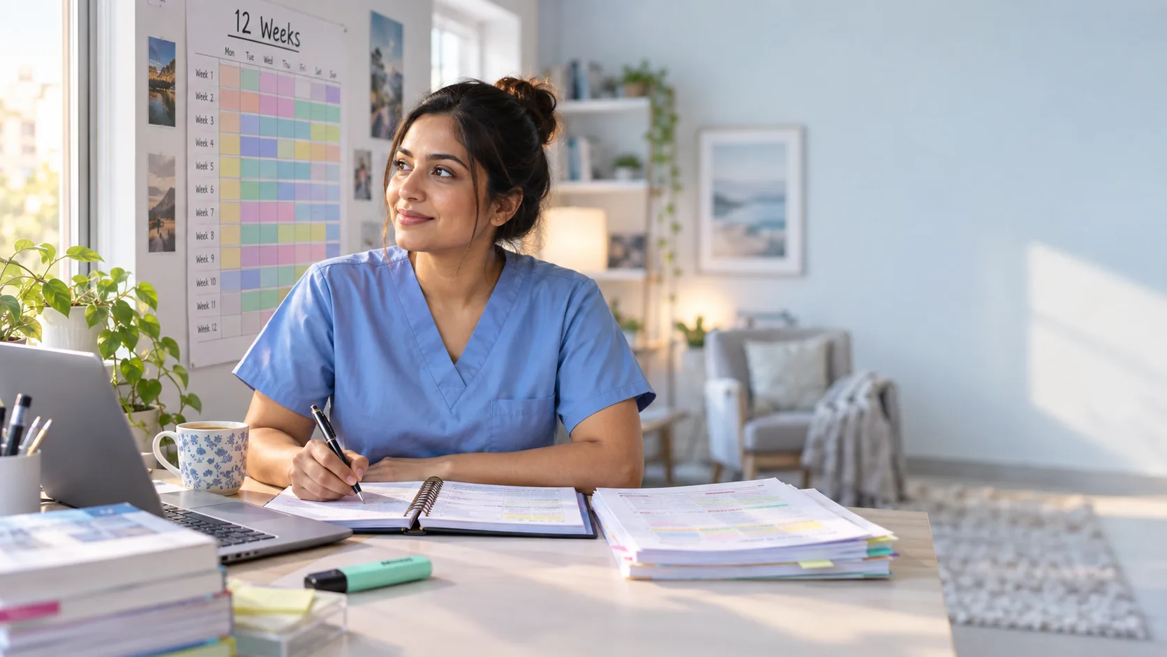Internationally educated nurse following a 12-week NCLEX study plan at her desk in 2027