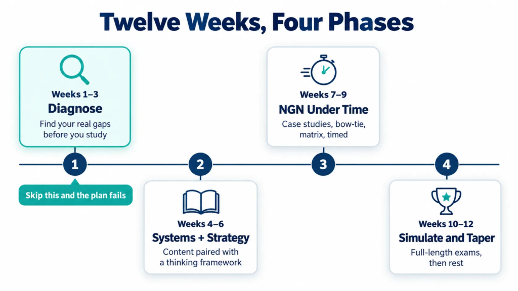 Four phase timeline of a twelve week study plan showing diagnosis, systems review, question practice and simulation