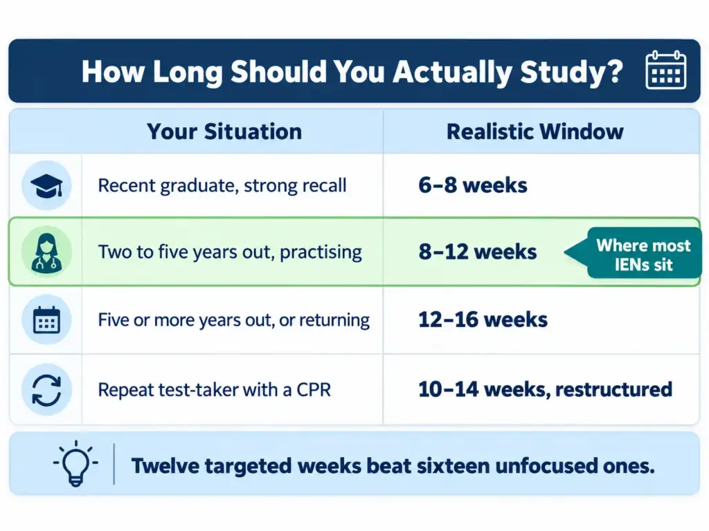 Table showing recommended NCLEX preparation timelines for recent graduates, practising nurses and repeat test takers