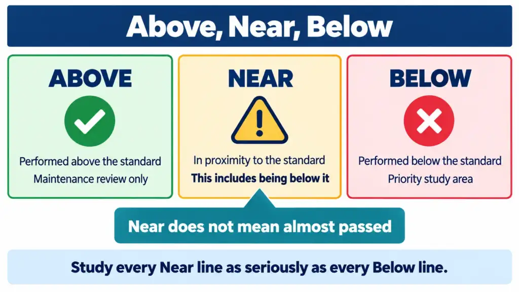 Explainer showing what Above, Near and Below mean on the NCLEX Candidate Performance Report