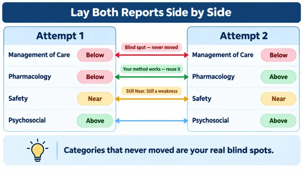 Diagram showing how to compare Candidate Performance Reports across two NCLEX attempts to find blind spots
