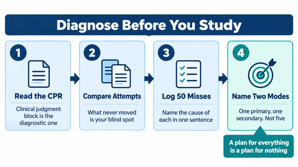 Four step process for diagnosing why a repeat NCLEX attempt failed before rebuilding a study plan